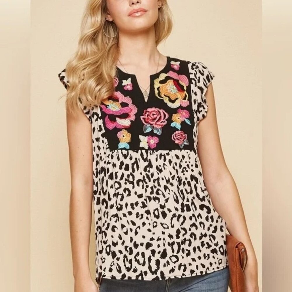 Savanna Jane Leopard Embroidered Top - Size L -Something New and Pretty Boutique